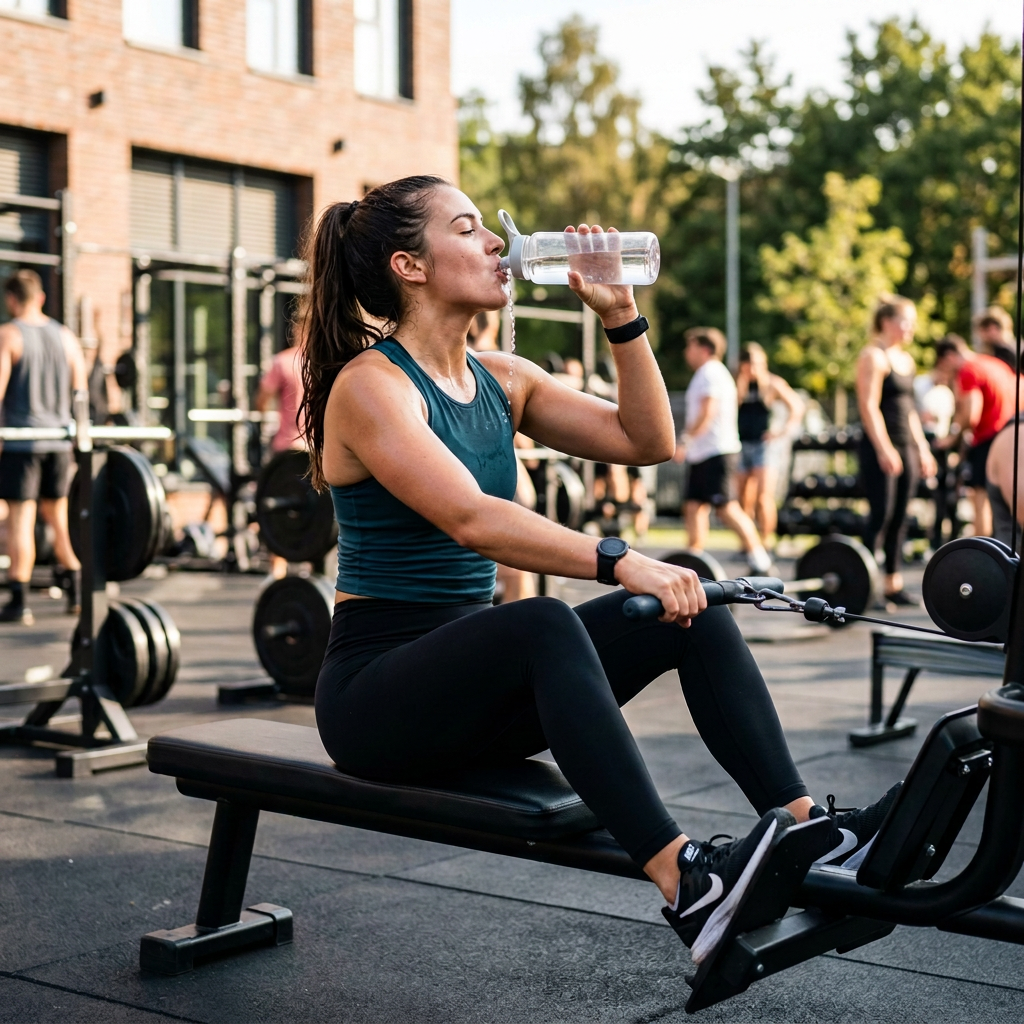 Woman drinking water while seated at an outdoor rowing machine